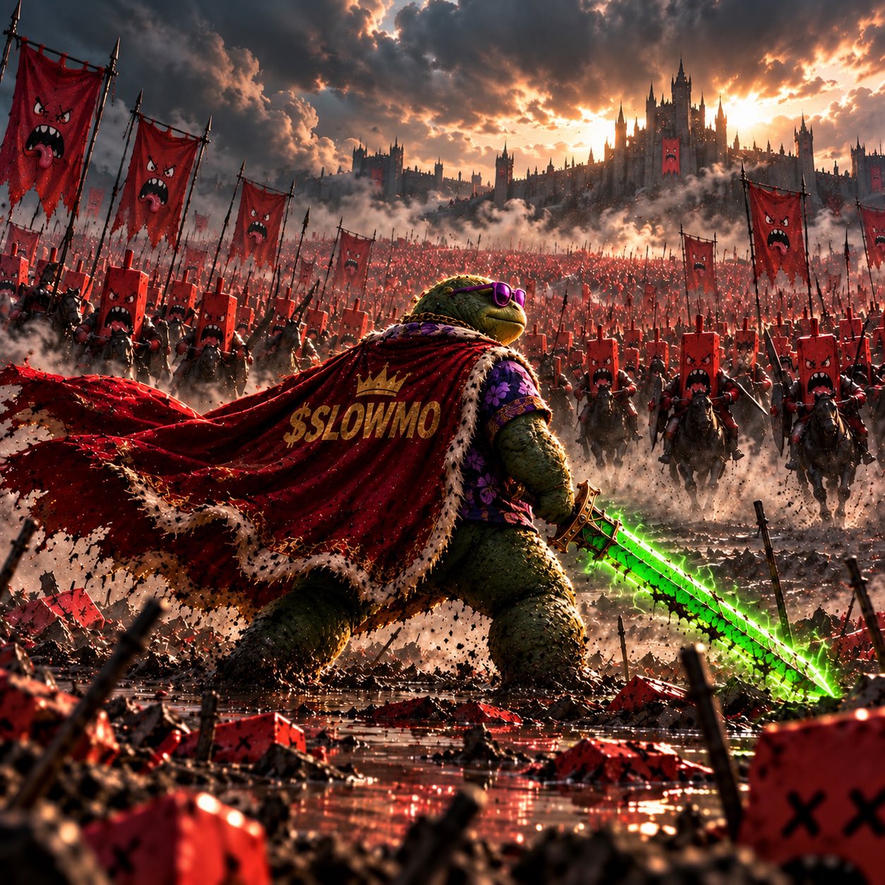 SLOWMO turtle with a glowing green sword facing an army of red candles