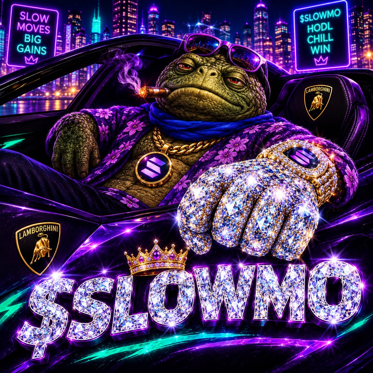 SLOWMO turtle with diamond claws driving a neon Lambo