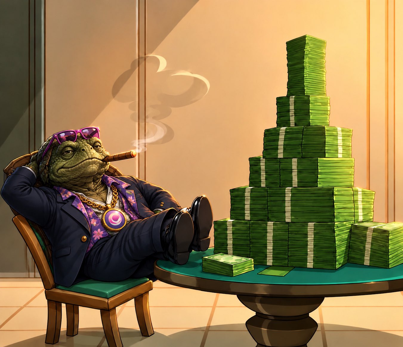 SLOWMO turtle relaxing beside stacks of cash