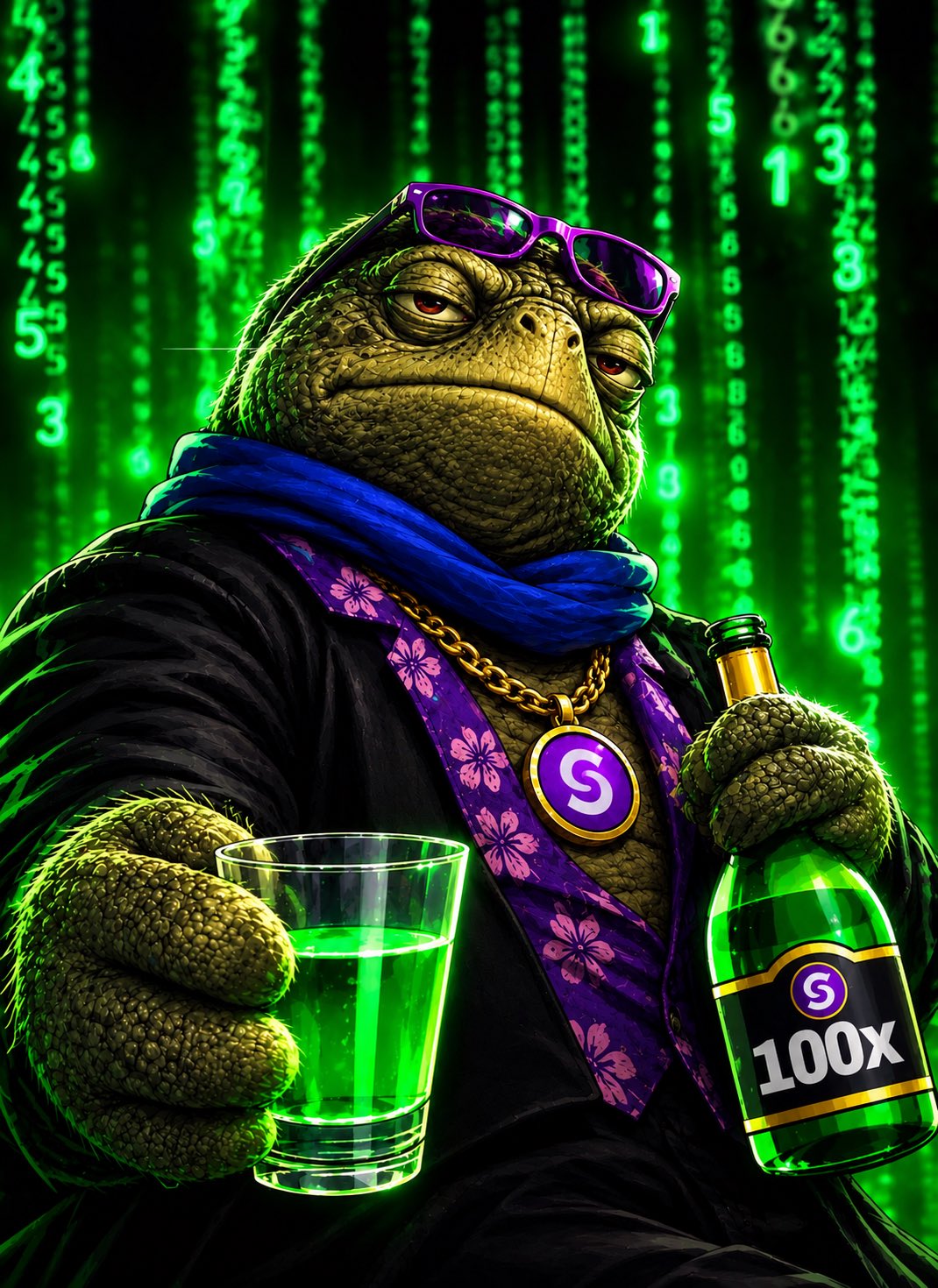SLOWMO turtle holding a green drink and a 100x bottle in the Matrix