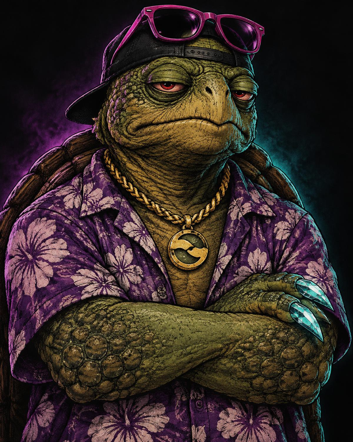 SLOWMO turtle mascot wearing pink sunglasses and diamond claws